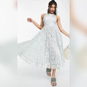 Pleated Lace Pinny Midi Prom Dress